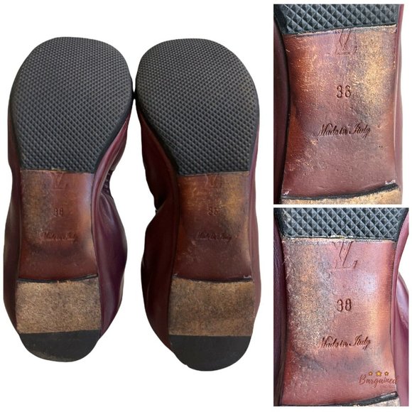 Authentic Louis Vuitton Maroon Leather Reptile Toe Bow Scrunch Ballet Flats 8 - Picture 8 of 13